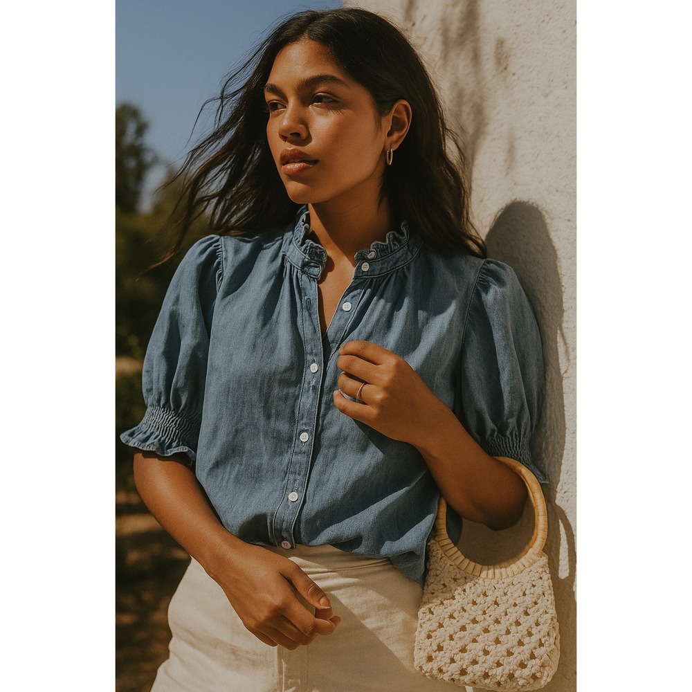 GAP Denim Chambray Puff Sleeve Button Up Shirt XS Western Style Revival Chic Top